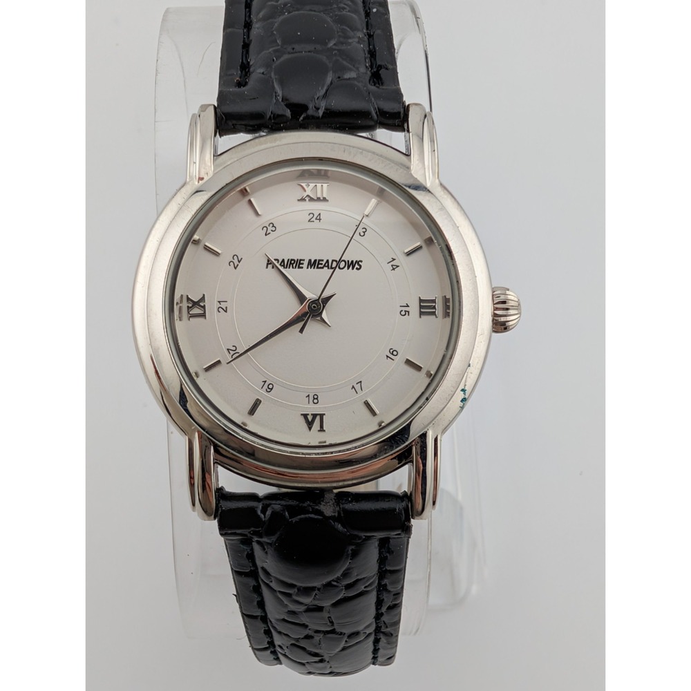 Prairie Meadows Watch Women 30mm Silver Case Black Faux Leather Band New Battery